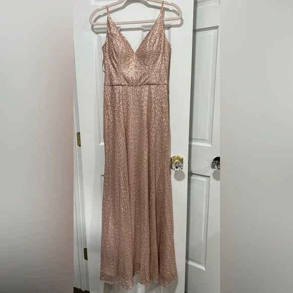 slim fit dress slacks Andra Rose Gold Plunging Neckline Sparkling Maxi Dress main image 1
